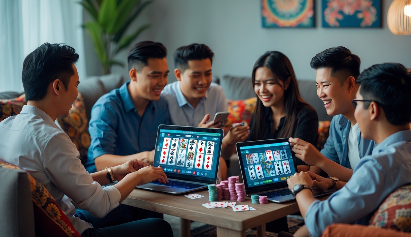 Sekelompok orang muda Indonesia bermain poker online menggunakan laptop dan ponsel di ruang tamu yang nyaman dengan suasana hangat dan dekorasi batik.