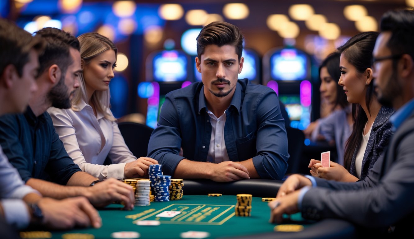 Seorang pria fokus mengamati lawan saat bermain poker di meja dengan pemain lain di kasino.