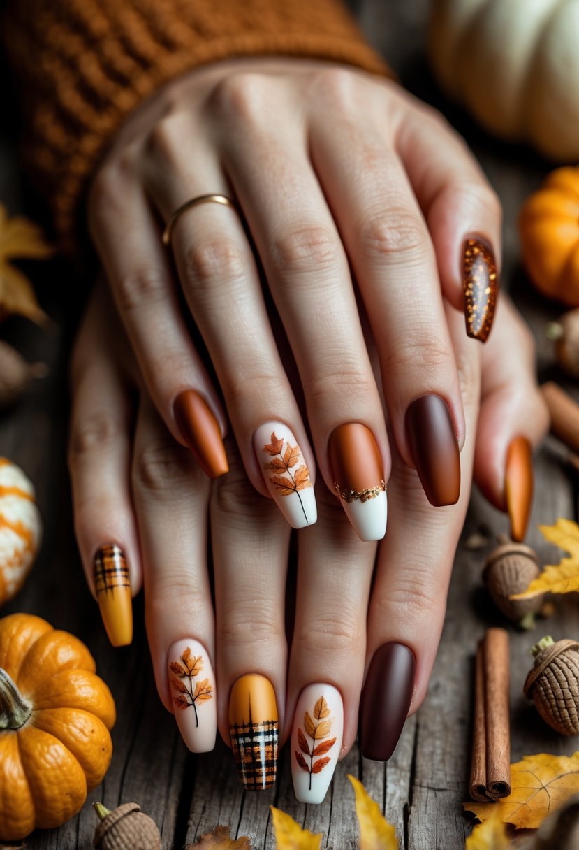 Multiple hands displaying a variety of colorful fall-themed nail designs with autumn leaves and small pumpkins on a wooden surface.