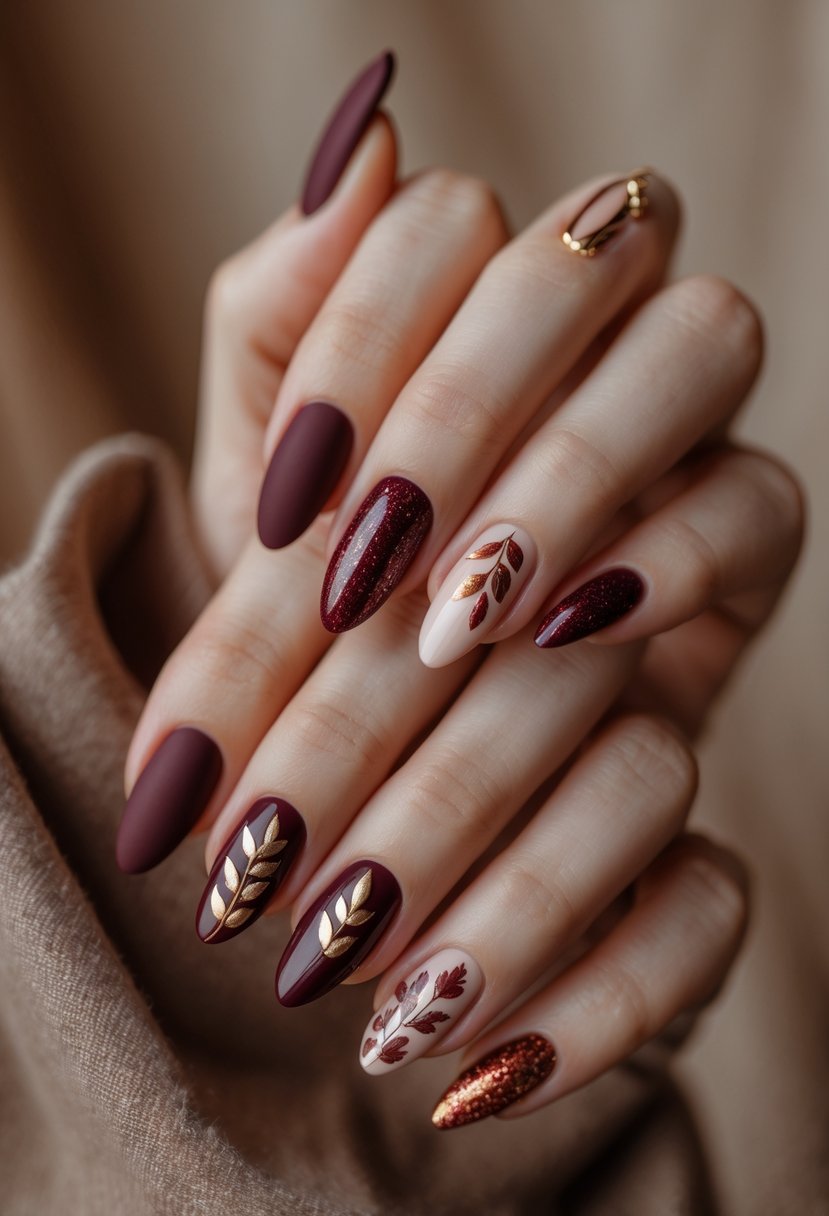 Close-up of hands showing 17 different fall-themed nail designs with rich burgundy colors and autumn-inspired patterns.
