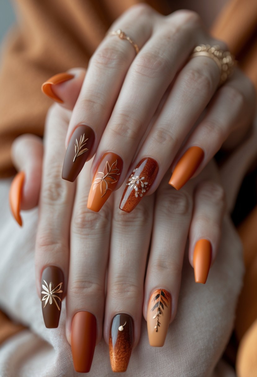 Close-up of hands displaying various burnt orange gradient fall-themed nail designs with autumn-inspired patterns.