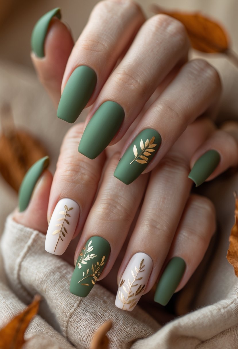 Close-up of hands with 17 different fall-themed nails painted in matcha green matte finish, featuring autumn leaf designs and warm color accents.