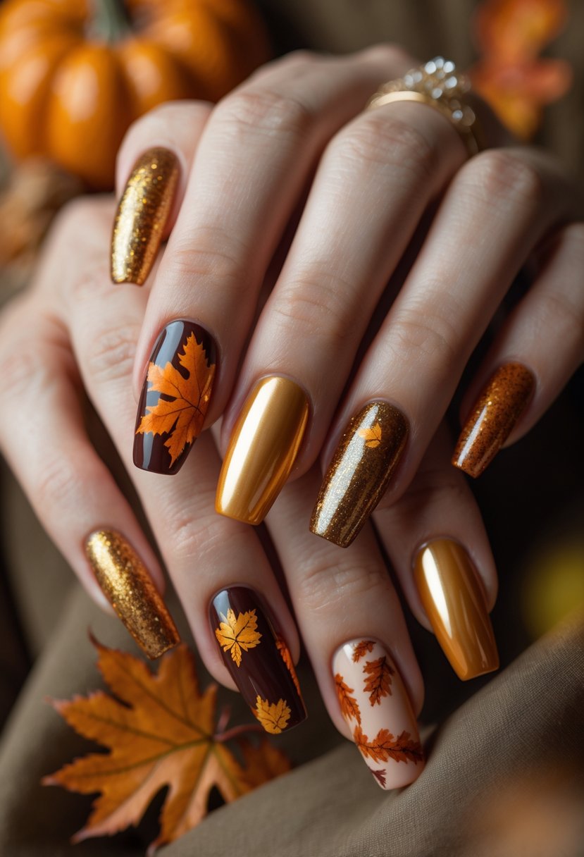Close-up of hands displaying 17 nails with honey gold metallic tips and fall-inspired designs in warm autumn colors.