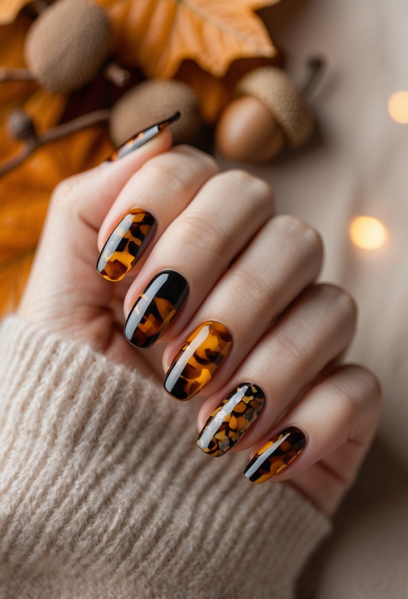 Close-up of a hand with nails painted in tortoiseshell patterns in warm fall colors against a soft autumn-themed background.