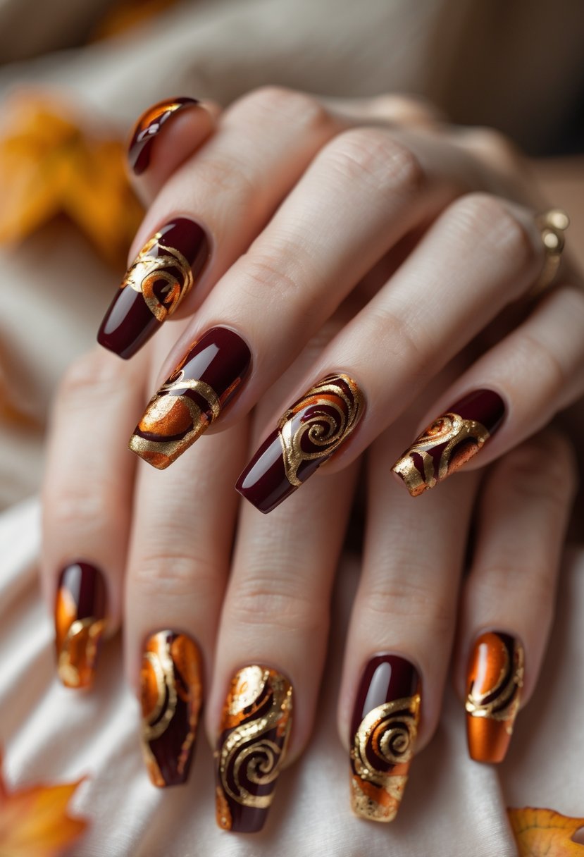 Close-up of hands with fall-themed chrome swirl nail art in warm autumn colors.