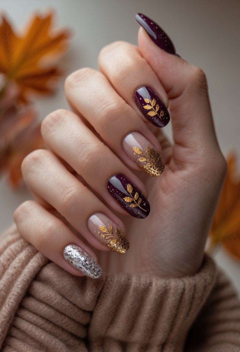 A hand with deep plum and glitter fall-themed nails showing 17 different creative designs.