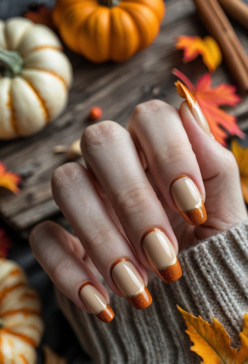 A hand with pumpkin spice colored French tip nails resting on a wooden surface surrounded by small pumpkins, autumn leaves, and cinnamon sticks.