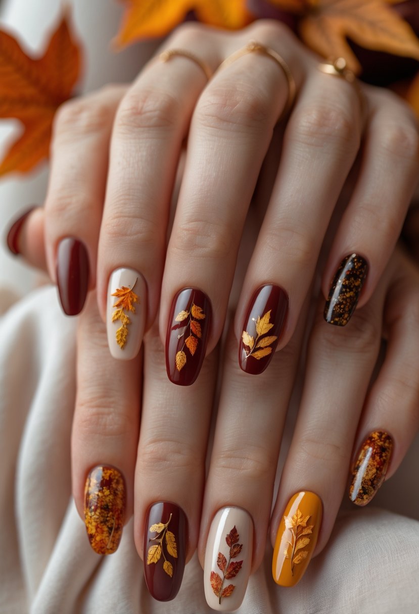 Close-up of hands with 17 nails decorated in autumn leaf designs featuring warm fall colors and intricate patterns.