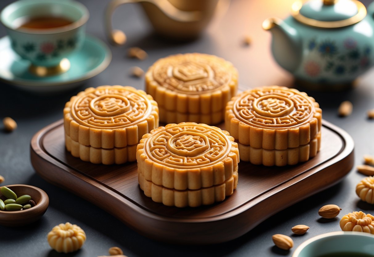 Close-up of five traditional Chinese mooncakes on a wooden platter with a teapot and scattered nuts nearby.