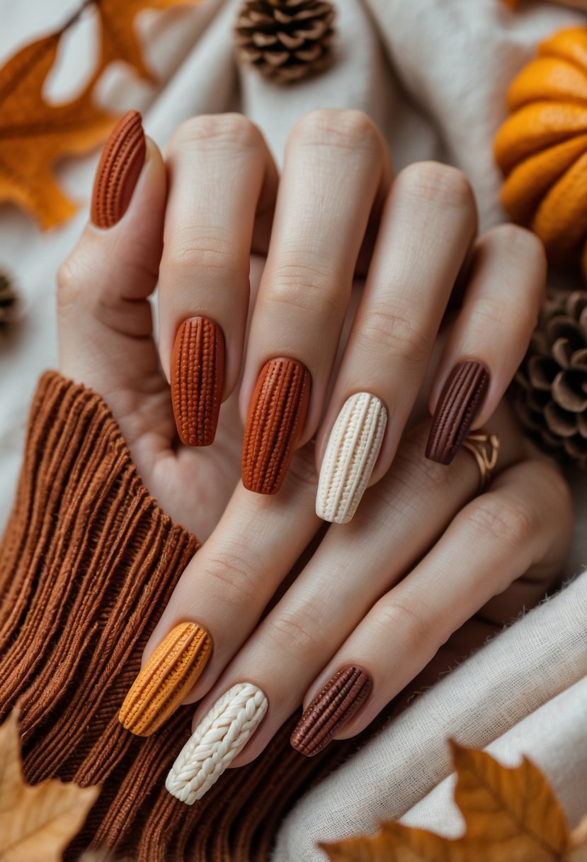 Close-up of hands displaying 17 fall-themed nails with cozy sweater texture designs in warm autumn colors.