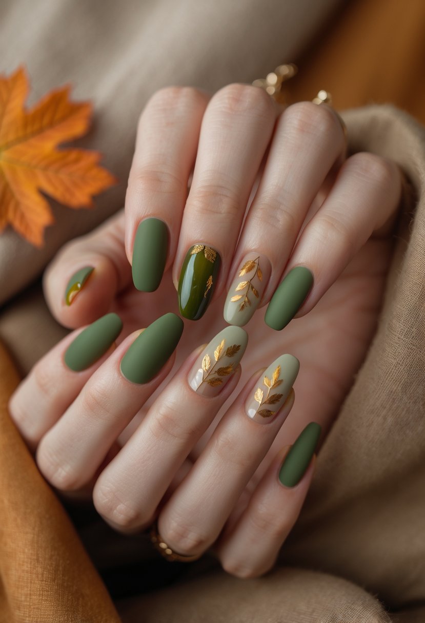 Close-up of hands displaying olive green ombre fall-themed nails with leaf patterns and gold accents.