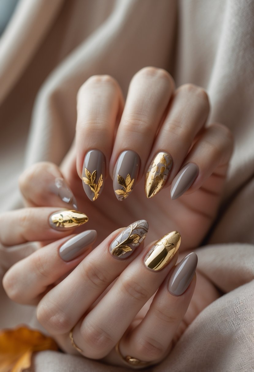 Close-up of hands with muted taupe nails decorated with gold foil accents and fall-themed designs.