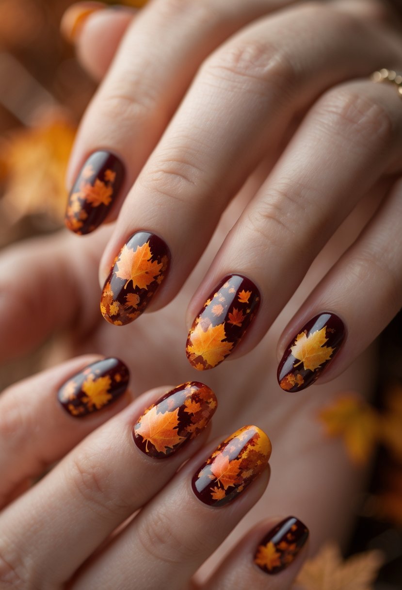 Close-up of hands with fall-themed nail art featuring frosted maple leaf designs in autumn colors.