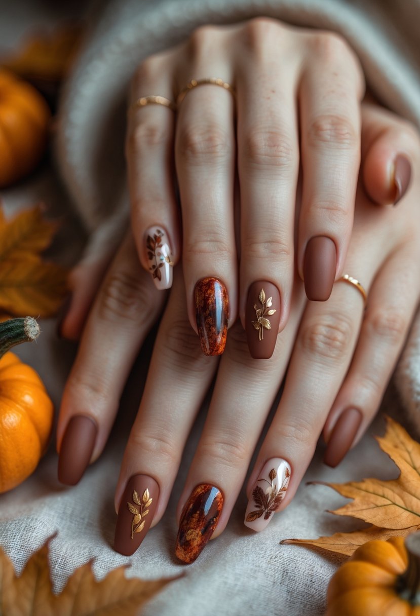 Close-up of hands showing rust red matte and shiny fall-themed nail designs surrounded by autumn leaves and small pumpkins.