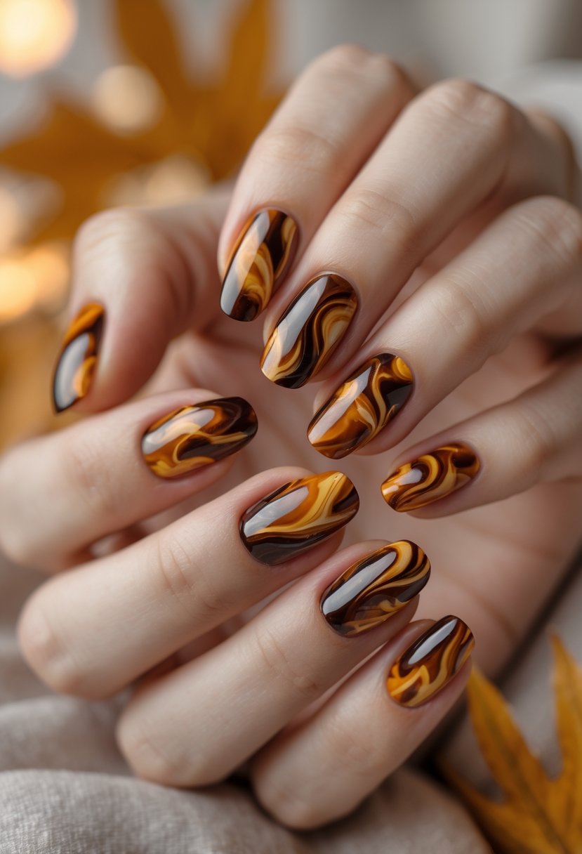 Close-up of hands with golden brown marble effect nails in warm fall colors.