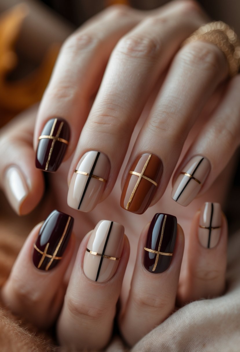 Close-up of a woman's hands displaying various fall-themed nail designs with black and gold lines on autumn-colored nails.