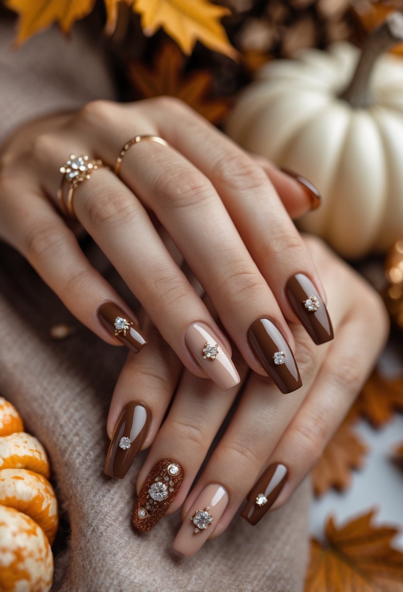 Close-up of hands with chestnut brown nails decorated with rhinestones, surrounded by autumn leaves and fall-themed elements.