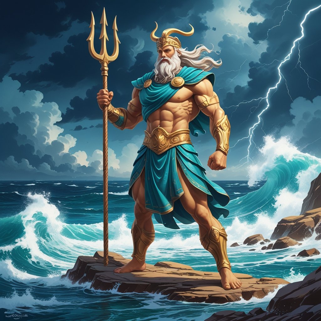 Poseidon berdiri di tepi laut dengan trisula, dikelilingi ombak besar dan langit badai.