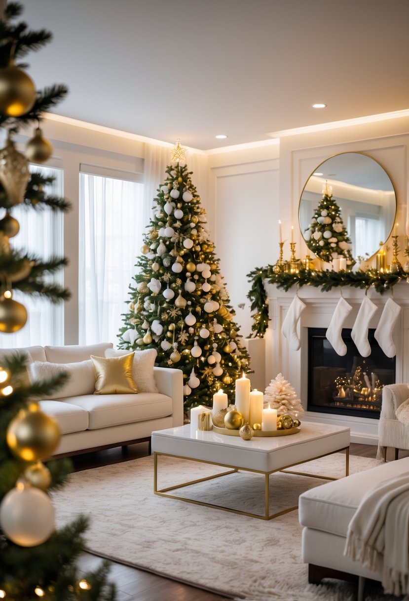Christmas Decor Ideas for Living Room 2025: 24 Stylish and Festive Inspirations 4 A living room decorated for Christmas with a tree, fireplace, and sofa featuring gold and white holiday decorations.