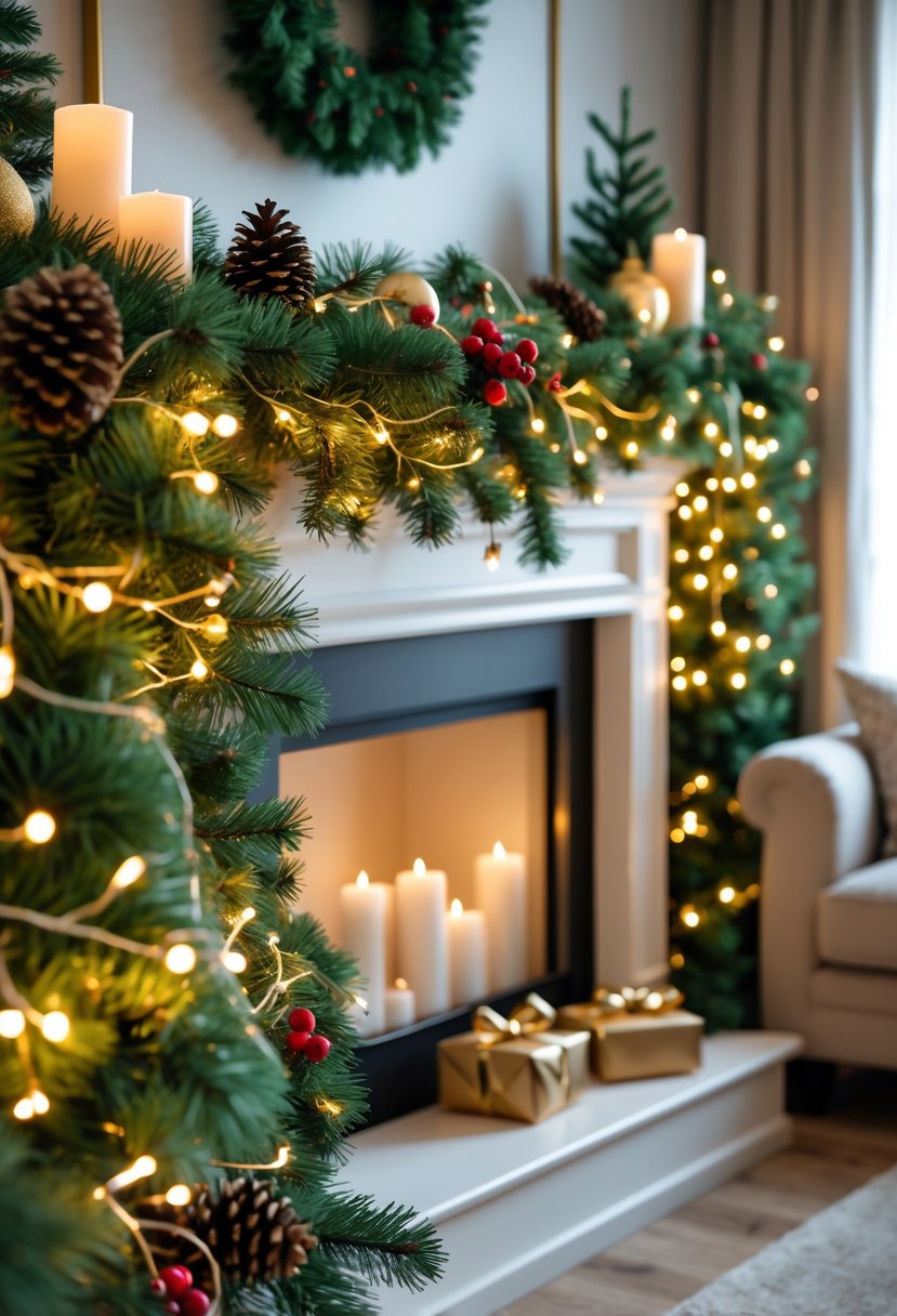 Christmas Decor Ideas for Living Room 2025: 24 Stylish and Festive Inspirations 6 Living room mantel decorated with pine garlands and fairy lights for Christmas, with festive accents and wrapped presents nearby.