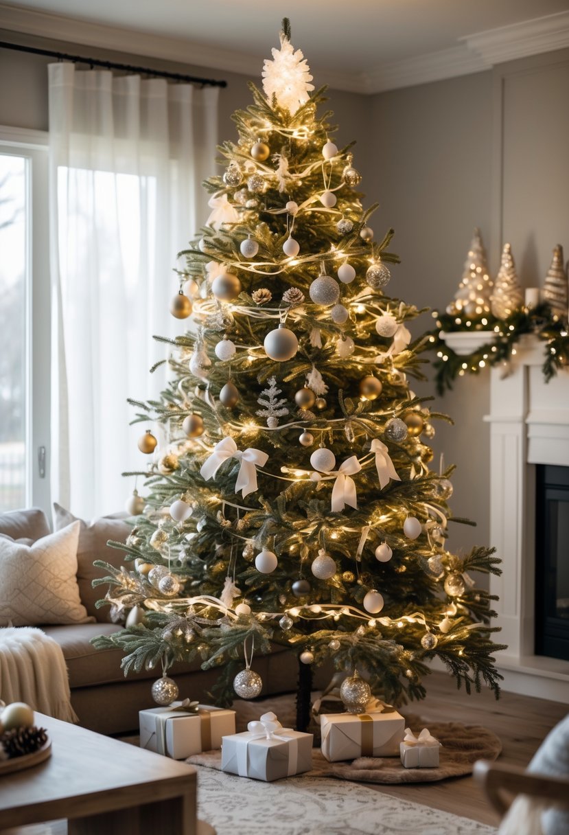 Christmas Decor Ideas for Living Room 2025: 24 Stylish and Festive Inspirations 7 A decorated Christmas tree with warm white lights in a living room with a sofa and wrapped presents underneath.