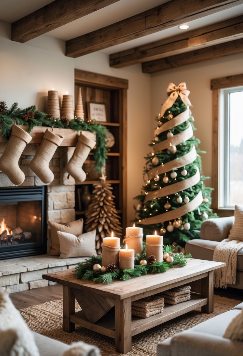 Christmas Decor Ideas for Living Room 2025: 24 Stylish and Festive Inspirations 9 A cozy living room decorated for Christmas with a fireplace, a wooden coffee table with candles and pine branches, a Christmas tree with natural ornaments, and warm lighting.