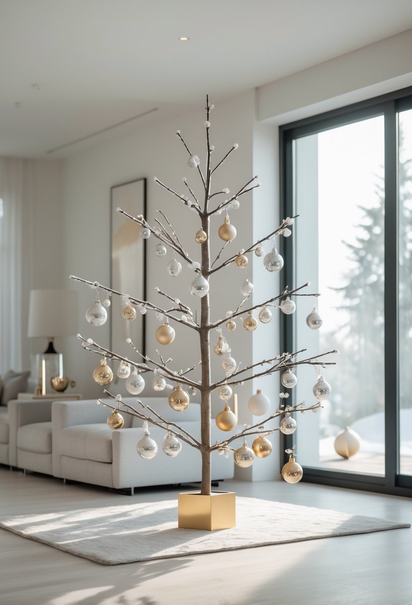 Christmas Decor Ideas for Living Room 2025: 24 Stylish and Festive Inspirations 10 A modern minimalist Christmas tree with metallic ornaments in a bright living room next to a window.