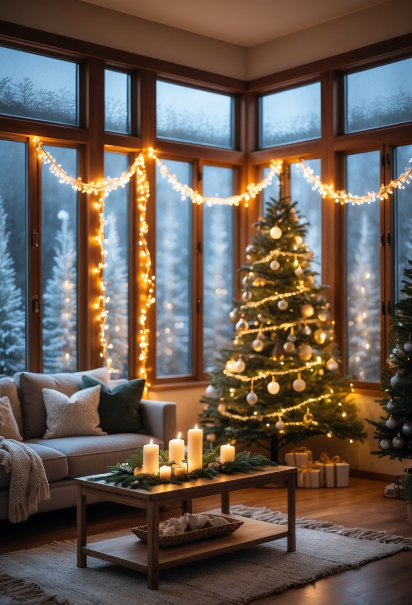 Christmas Decor Ideas for Living Room 2025: 24 Stylish and Festive Inspirations 11 Living room with twinkling string lights draped across windows and Christmas decorations including a tree and candles.