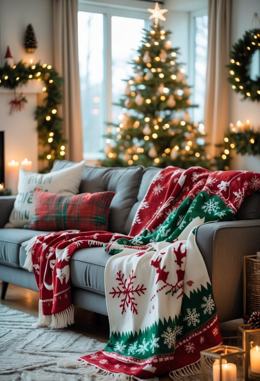 Christmas Decor Ideas for Living Room 2025: 24 Stylish and Festive Inspirations 12 A living room decorated for Christmas with festive throw blankets on the sofa, a decorated Christmas tree, and holiday decorations creating a warm atmosphere.