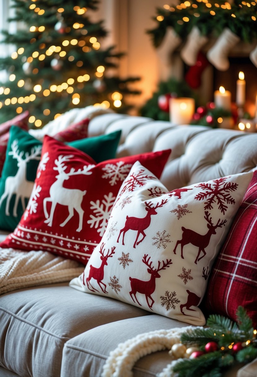 Christmas Decor Ideas for Living Room 2025: 24 Stylish and Festive Inspirations 13 A living room with festive pillows featuring snowflake and reindeer designs arranged on a sofa with Christmas decorations in the background.