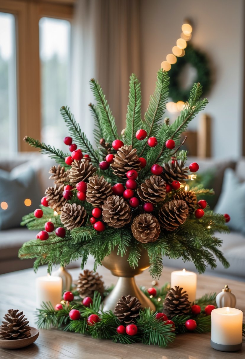 Christmas Decor Ideas for Living Room 2025: 24 Stylish and Festive Inspirations 14 A table centerpiece with pinecones, cranberries, and green pine branches on a living room table decorated for Christmas.