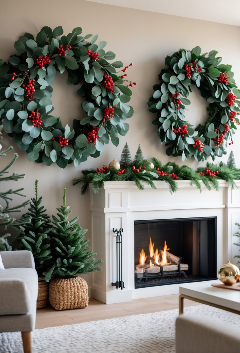 Christmas Decor Ideas for Living Room 2025: 24 Stylish and Festive Inspirations 15 Christmas wreaths made of eucalyptus leaves and red berries hanging in a living room decorated for the holidays.