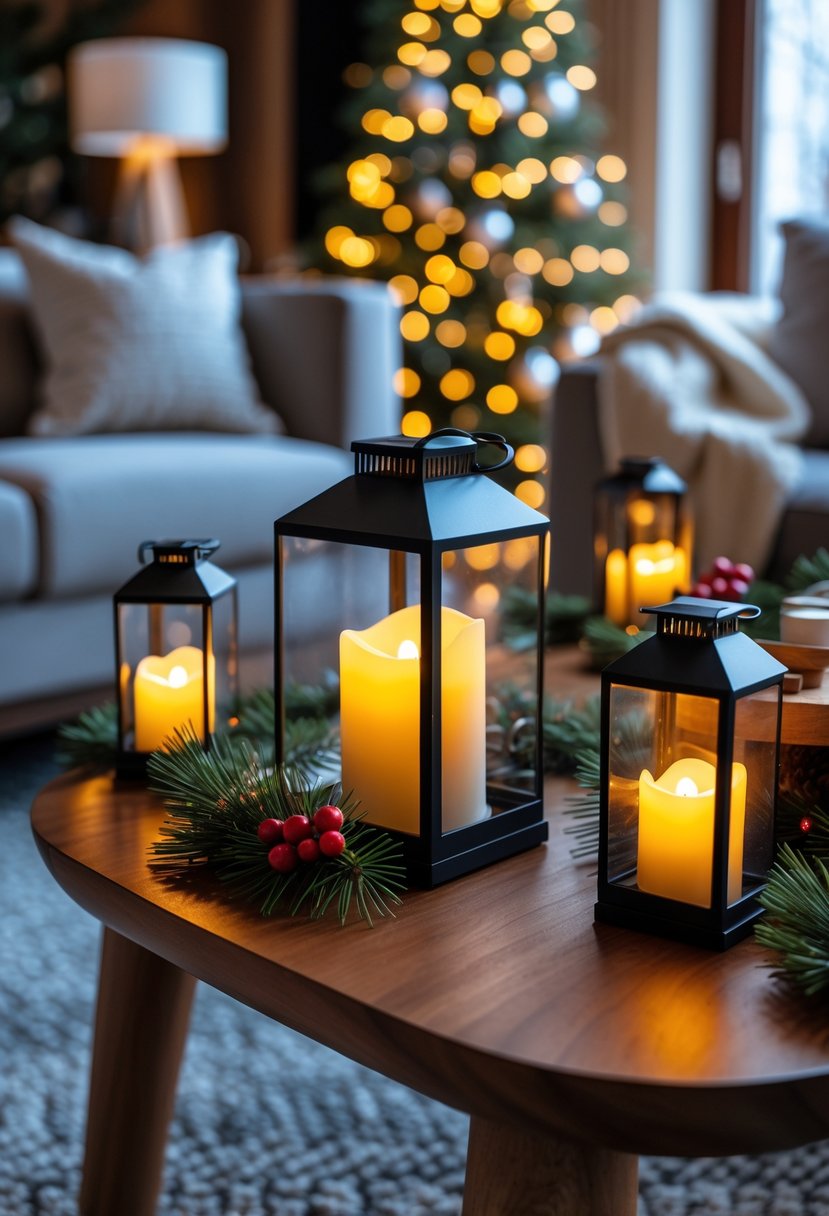 Christmas Decor Ideas for Living Room 2025: 24 Stylish and Festive Inspirations 16 Decorative lanterns with glowing LED candles on a table in a living room decorated for Christmas, with a Christmas tree and festive accents in the background.