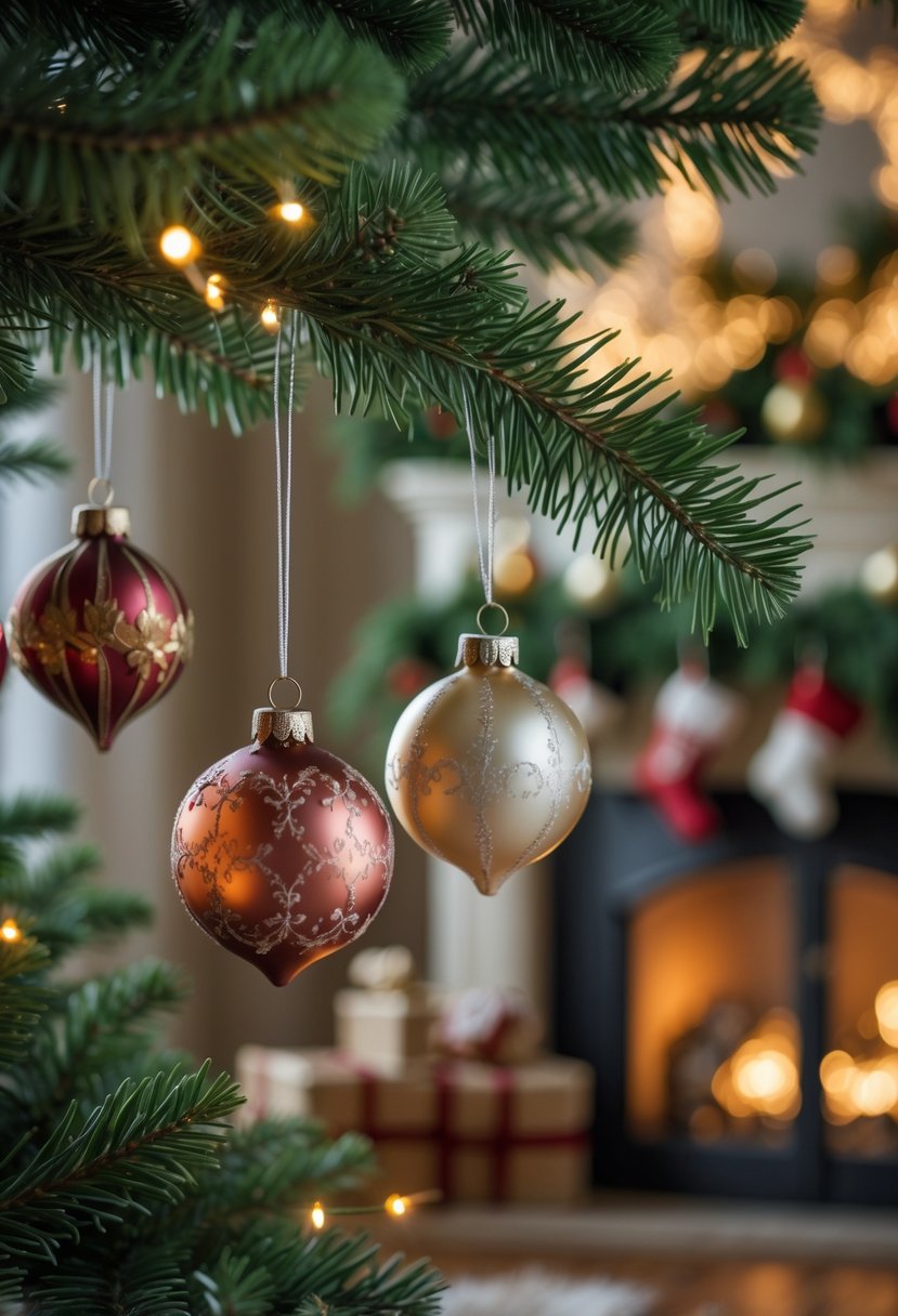 Christmas Decor Ideas for Living Room 2025: 24 Stylish and Festive Inspirations 19 Close-up of vintage Christmas ornaments hanging on pine tree branches with a cozy living room background.