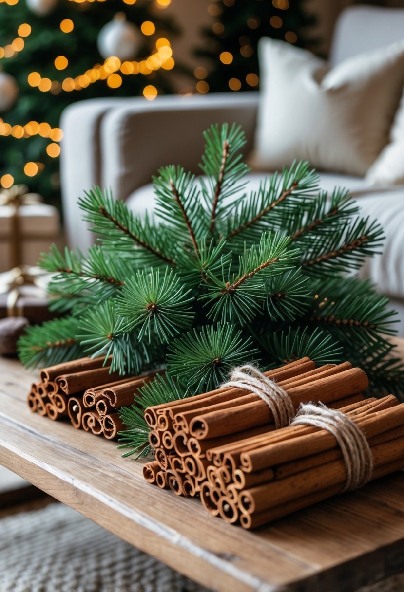 Christmas Decor Ideas for Living Room 2025: 24 Stylish and Festive Inspirations 20 A living room decorated for Christmas with pine branches and cinnamon sticks arranged on a wooden table, with soft lighting and holiday accents in the background.