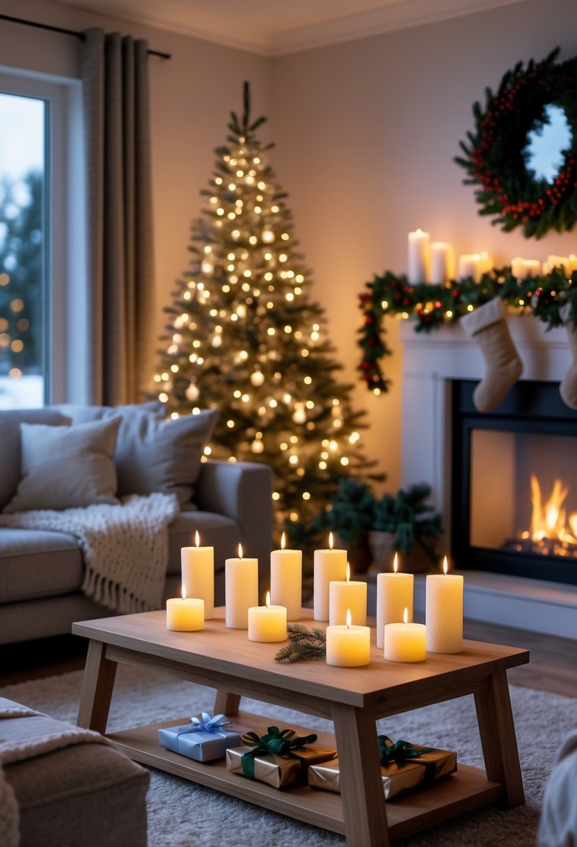 Christmas Decor Ideas for Living Room 2025: 24 Stylish and Festive Inspirations 21 A living room decorated for Christmas with battery-operated candles glowing warmly on a coffee table, a Christmas tree, and holiday decorations.