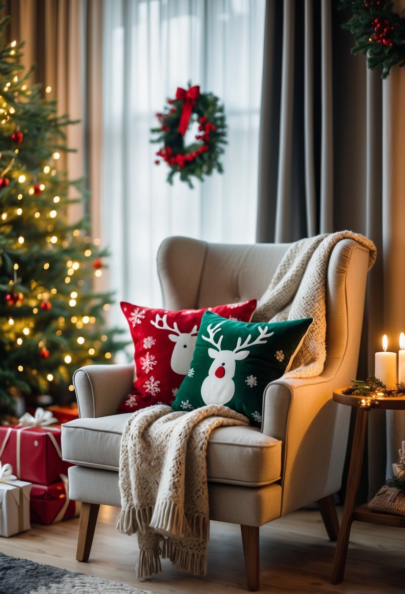 Christmas Decor Ideas for Living Room 2025: 24 Stylish and Festive Inspirations 22 A cozy armchair with Christmas-themed cushions and a throw blanket in a living room decorated with a small Christmas tree, presents, and festive garlands.