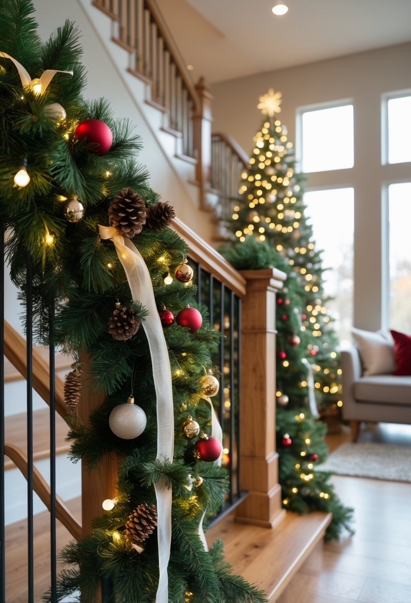Christmas Decor Ideas for Living Room 2025: 24 Stylish and Festive Inspirations 23 A green Christmas garland decorated with lights and ornaments draped over wooden stair railings in a living room with holiday decorations.