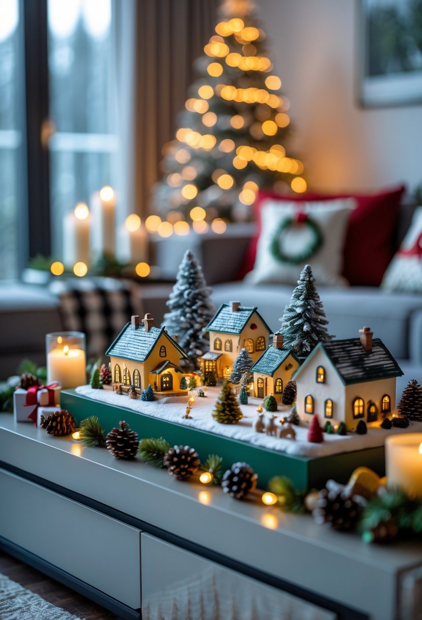 Christmas Decor Ideas for Living Room 2025: 24 Stylish and Festive Inspirations 24 Miniature Christmas village with tiny houses and trees on a console table in a living room decorated for Christmas.