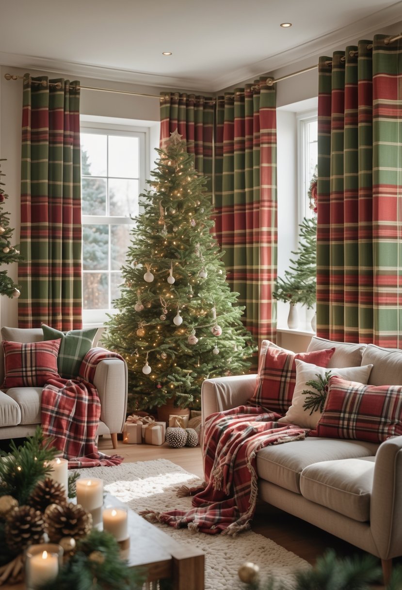 Christmas Decor Ideas for Living Room 2025: 24 Stylish and Festive Inspirations 25 Living room decorated for Christmas with plaid curtains and throws, a Christmas tree, and festive ornaments.