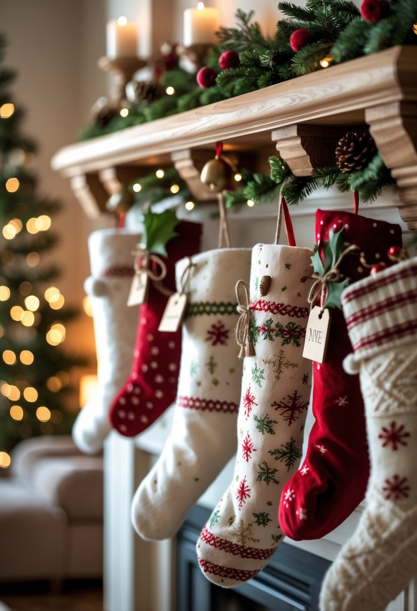 Christmas Decor Ideas for Living Room 2025: 24 Stylish and Festive Inspirations 26 A living room mantel decorated with hanging Christmas stockings, each with a small name tag, surrounded by holiday decorations and a glowing fireplace.