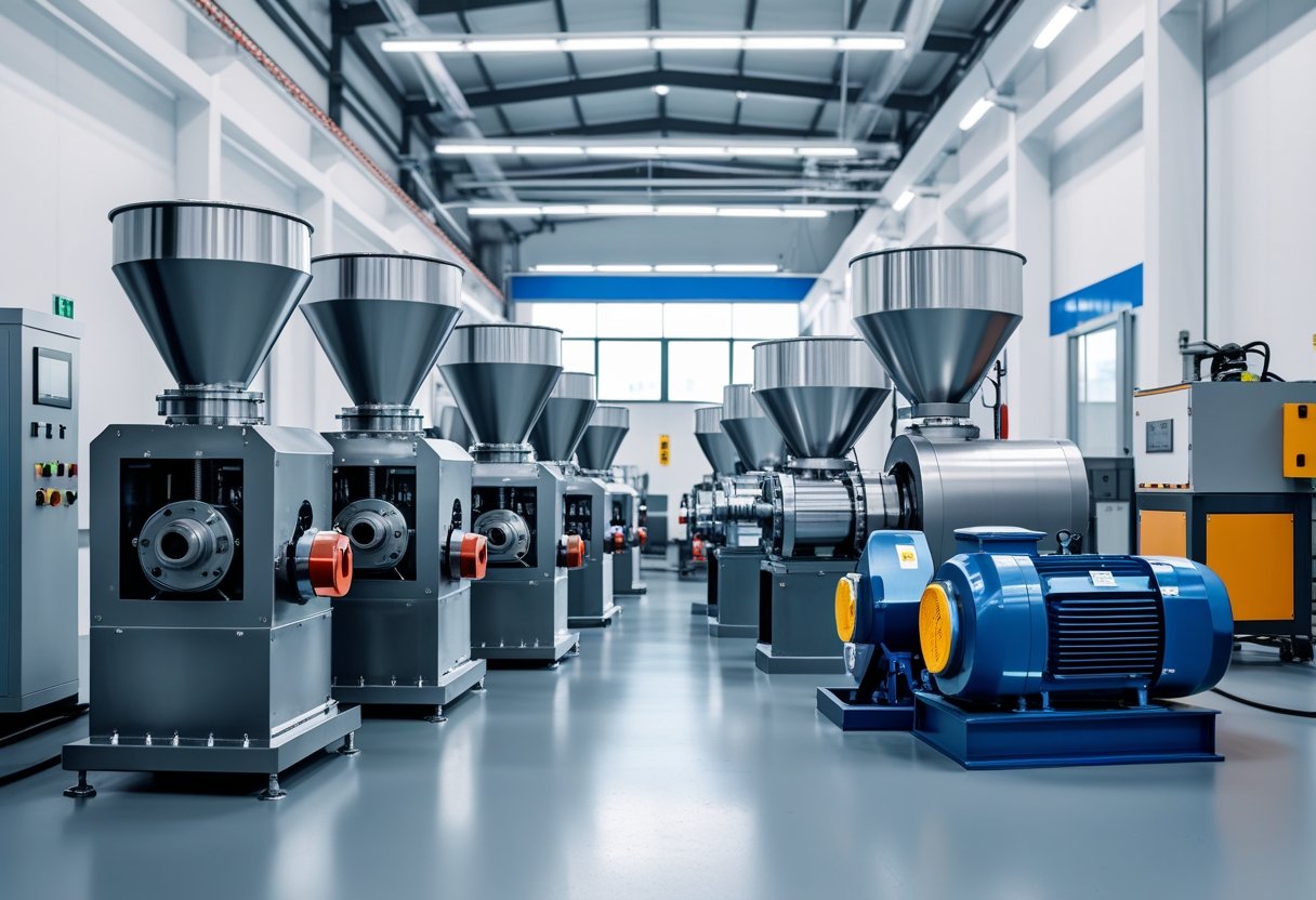 Various pellet machines and equipment displayed in a clean industrial factory setting.