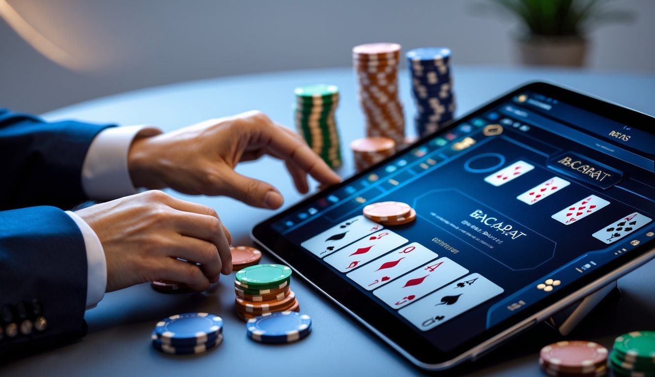 Seorang pemain menggunakan perangkat digital untuk bermain permainan baccarat online dengan kartu dan chip taruhan di meja.