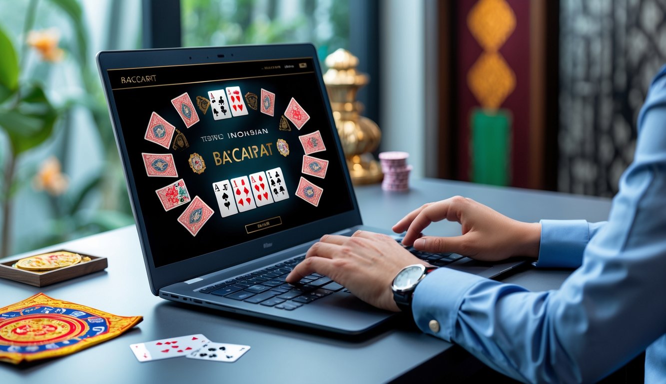 Seorang pemain menggunakan komputer dengan permainan baccarat online yang terlihat di layar, di ruang kerja yang rapi dengan elemen budaya Indonesia di latar belakang.