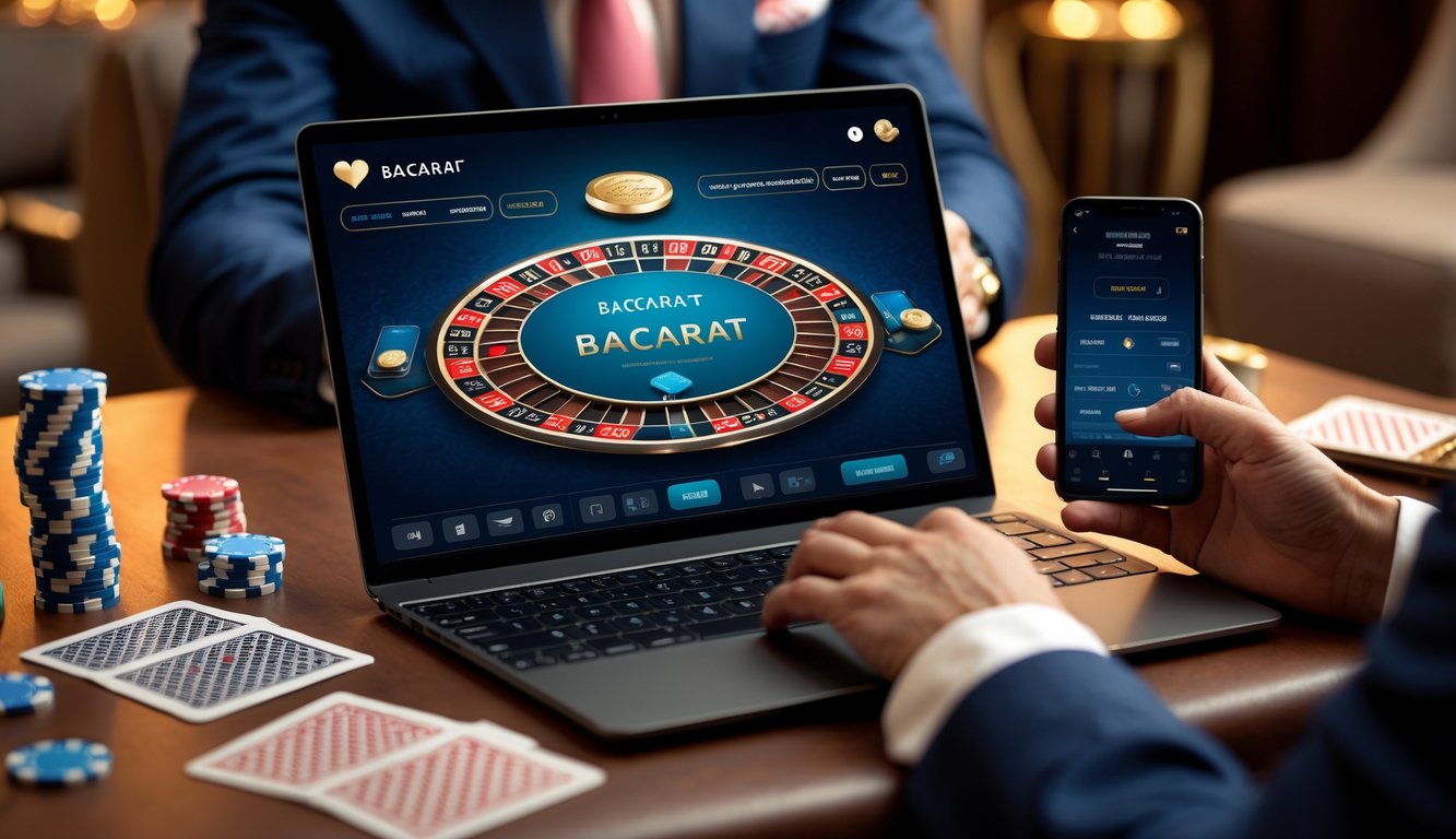 Seseorang menggunakan laptop dan ponsel untuk bermain judi baccarat online dengan kartu dan chip di sekitar meja.
