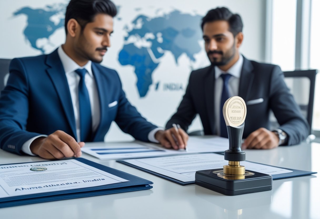 A business professional working at a desk with official documents, a passport, and a stamp, with a map highlighting Ahmedabad in the background.