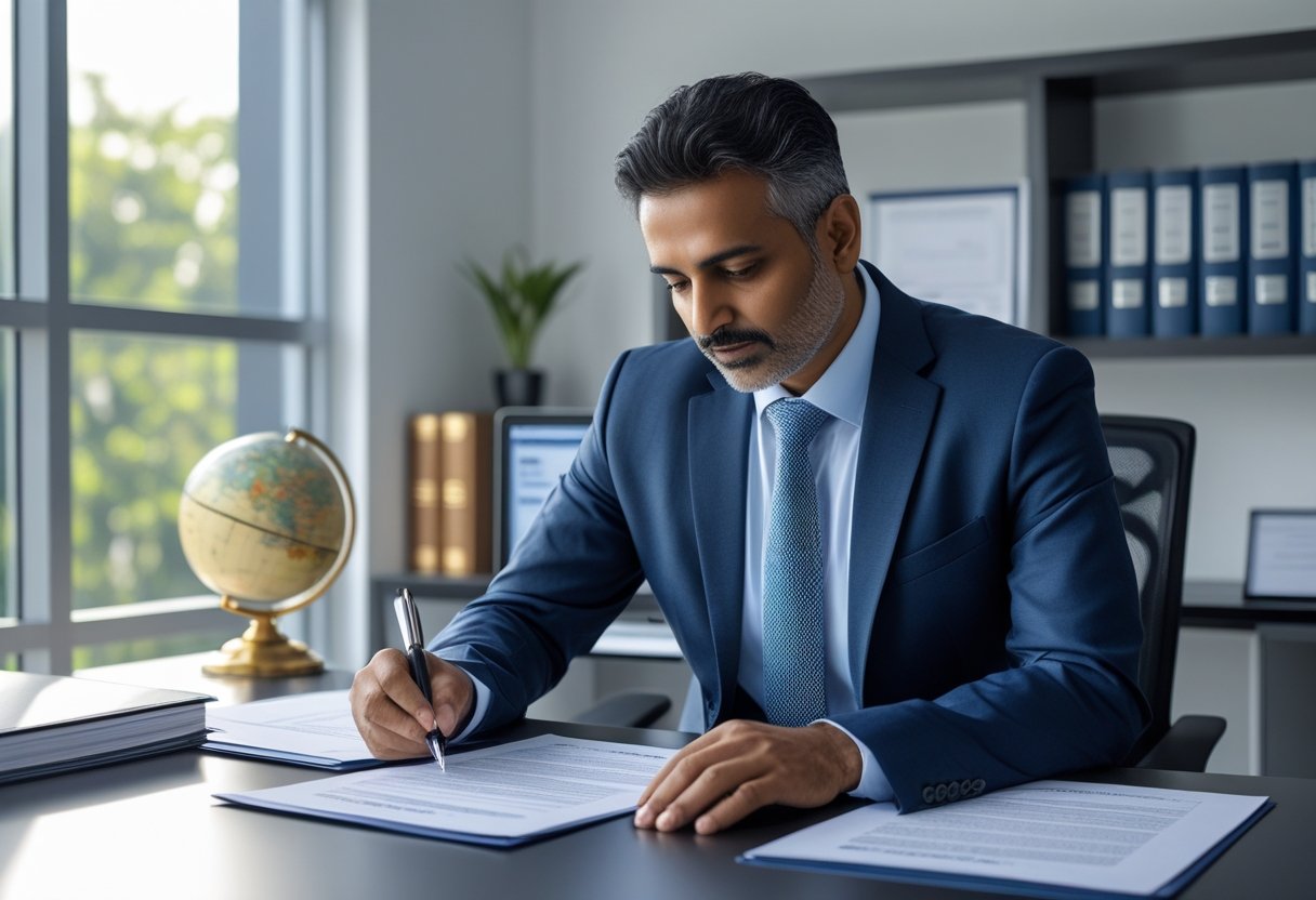 A business professional reviewing official documents at a desk in a modern office setting.