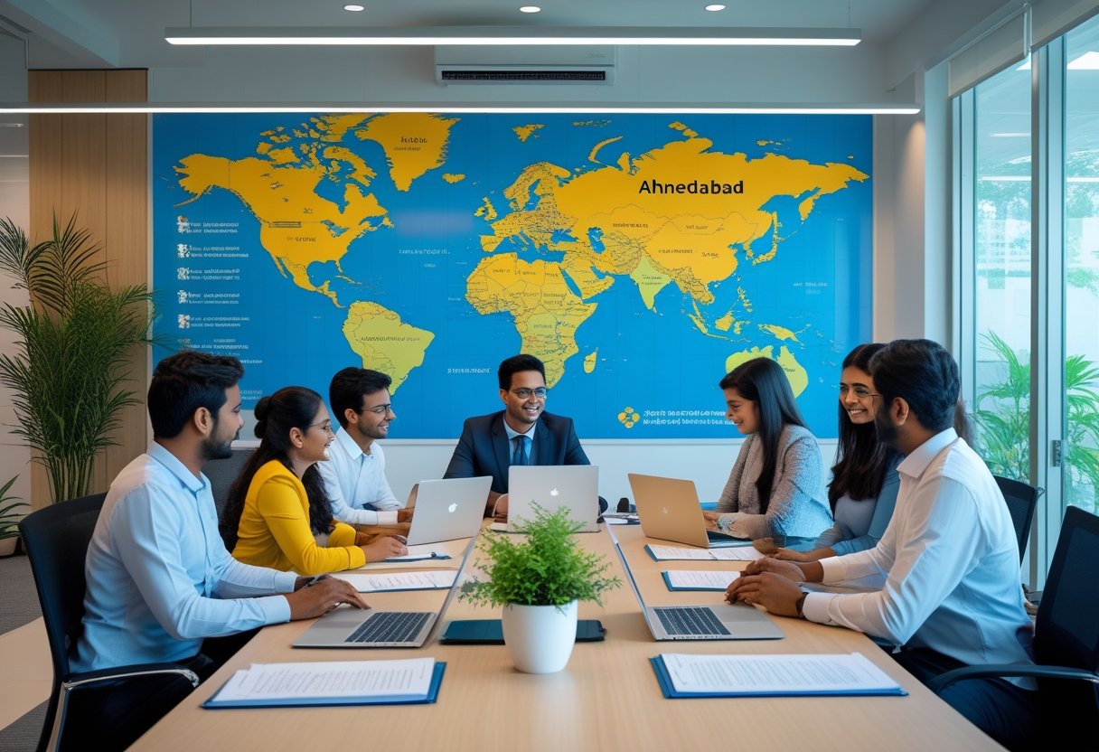 A group of professionals working together in a bright office with laptops and documents, a world map highlighting Ahmedabad on the wall.