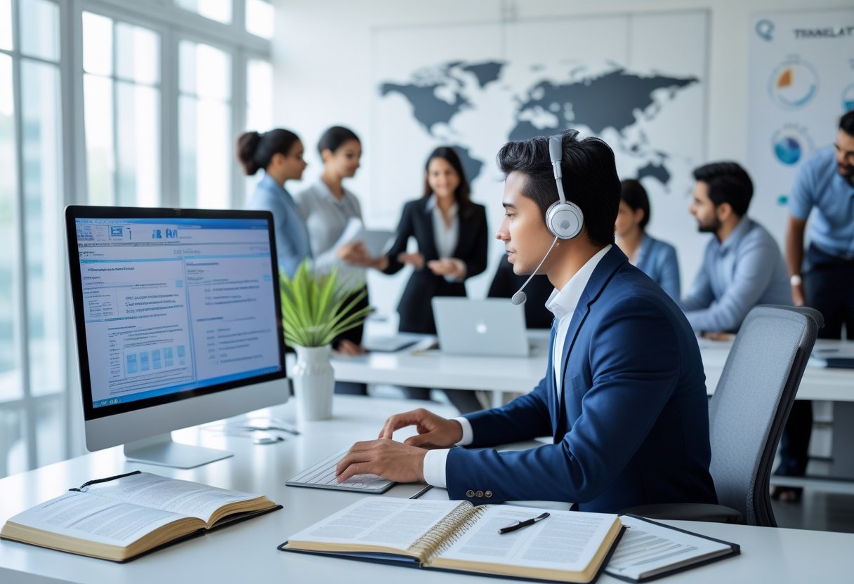 A professional translator working at a desk with computers and documents, while a diverse team collaborates in a bright office.
