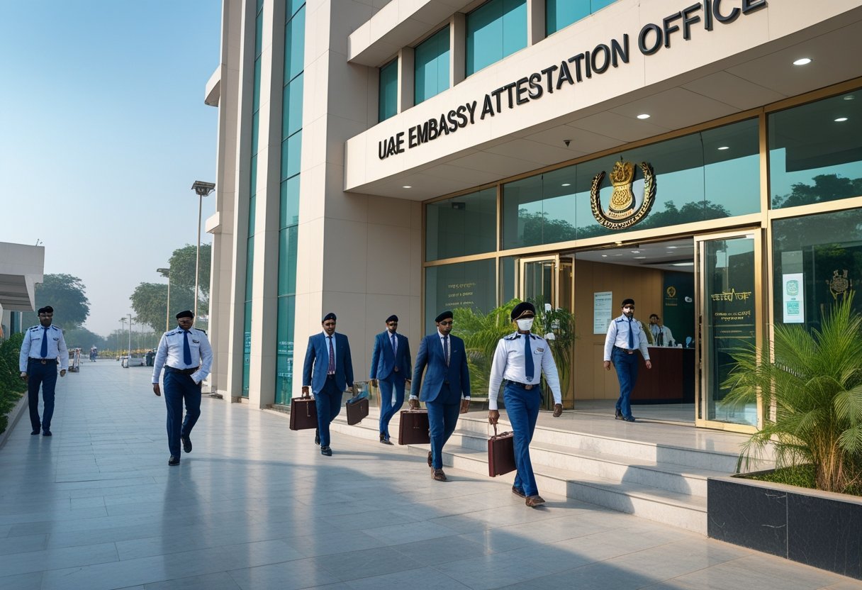 Exterior view of a government building in Ahmedabad with people entering and exiting, carrying documents, representing UAE Embassy attestation services.